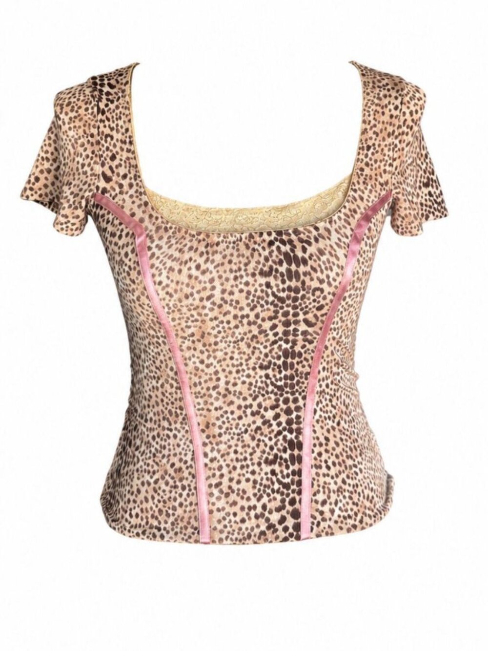 Vintage Blumarine stretchy leopard print t-shirt with lace along neckline